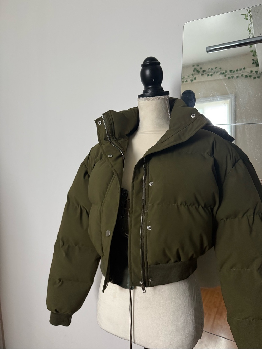 Olive Cropped Hooded Puffer Jacket